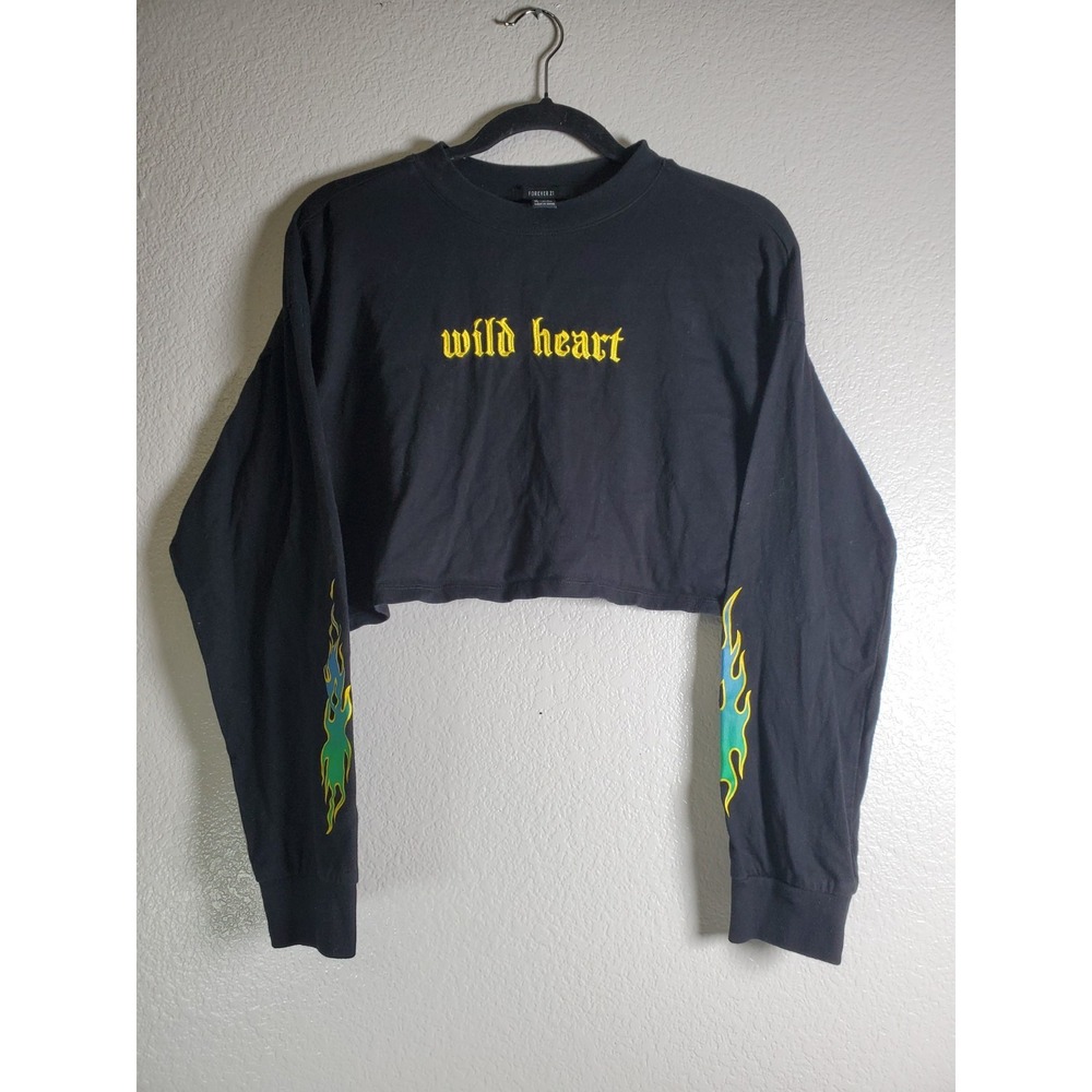 Forever 21-Black Crop Wild Heart Graphic Long-Sleeve‎ Shirt Flame Sleeve L - Y2K